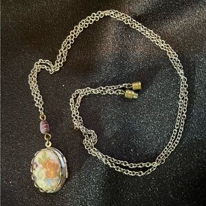 Vintage Porcelain & Amethyst Locket Necklace
